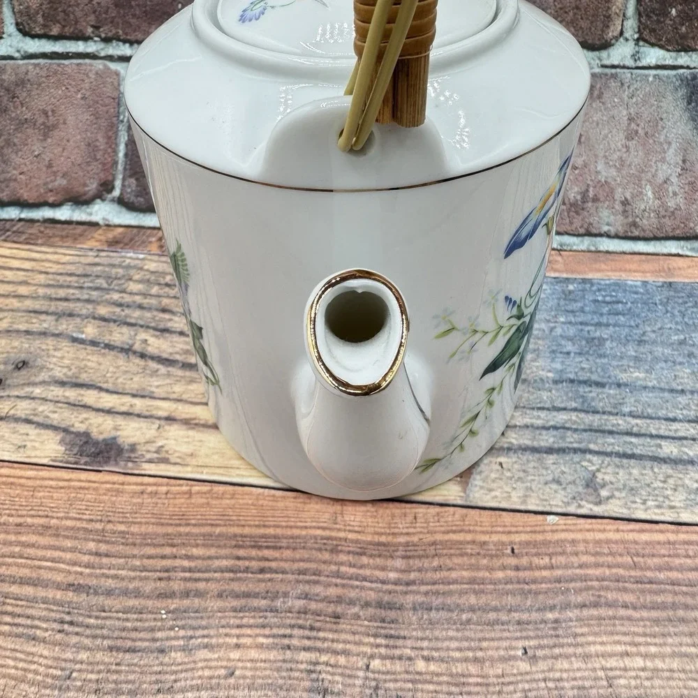 Vintage Tea‎ Pot Japan Morning Glory Hummingbird Bird Bamboo Handle Gold Trim